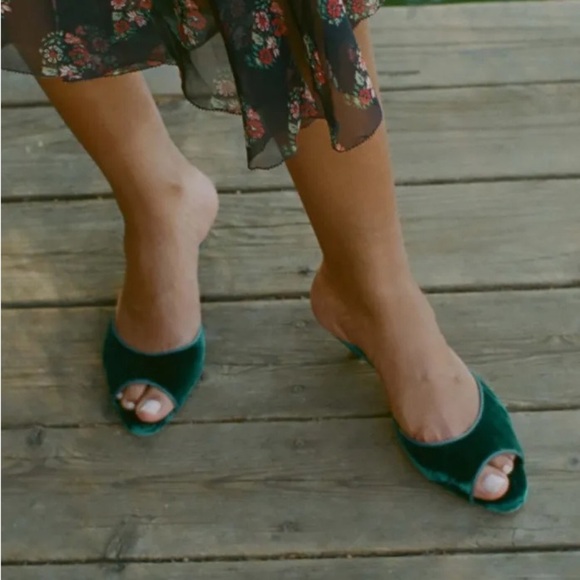 Doen Callie Velvet Peep Toe Mule Kitten Heels Shoes Evergreen Green - Picture 1 of 12